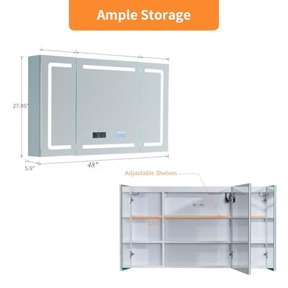 VINGLI LED Lighted Medicine Cabinet with Intelligent Mirror, Bluetooth Speaker, Weather & Temp Display, Anti-Fog, Built-in Outlet & USB, Large 3-Door Bathroom Mirror Cabinet,48 Inch, Need Assembly - size: 6"D x 48"W x 28"H