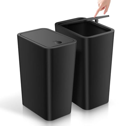 TIPGO Bathroom Trash Can with Lid, 4 Gallon / 15 Liter Small Garbage Can, Press Top Bin, Plastic Wastebasket with Pop-Up Lid for Bedroom, Living Room, Office (Black, 2 Pack) - color: Black, 2 Pack