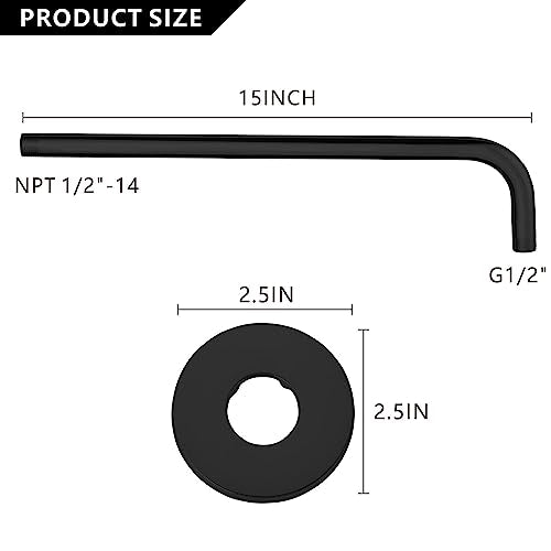 Voolan Shower Arm with Flange and Teflon Tape, Extension Shower Head Arm for Bathroom Fixed Shower Head, Solid Stainless Steel, Wall Mounted (15 Inch,Black) - color: Black, style: 15 Inch