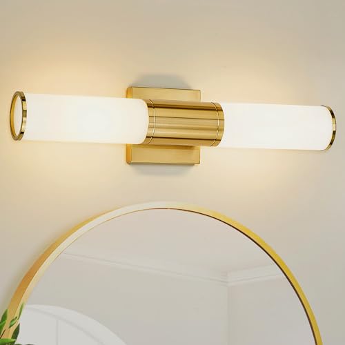 2-Pack Brushed Gold Bathroom Vanity Light Fixtures, Milk Glass Shade | 2-light modern bathroom wall sconces, vertical or horizontal mount,E26 base, hardwired, bulbs not included, VL834-BG-ML-2PK - color: Brushed Gold-Milk Glass, 2-Pack