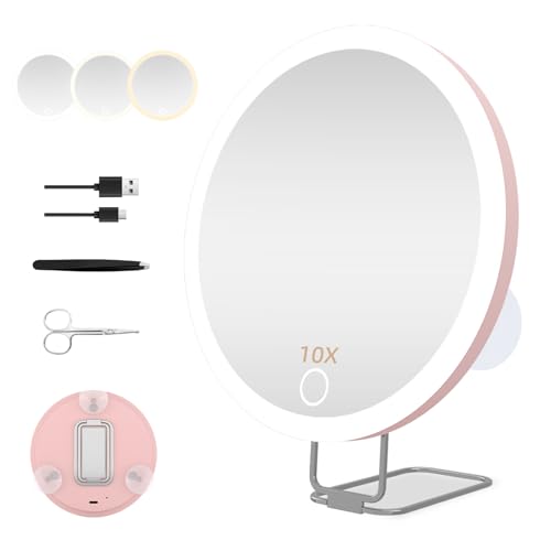 Large 6" Lighted 30x Magnified Makeup Mirror with Suction Cups & Table Stand, Travel & Home Use - color: 30x -Pink
