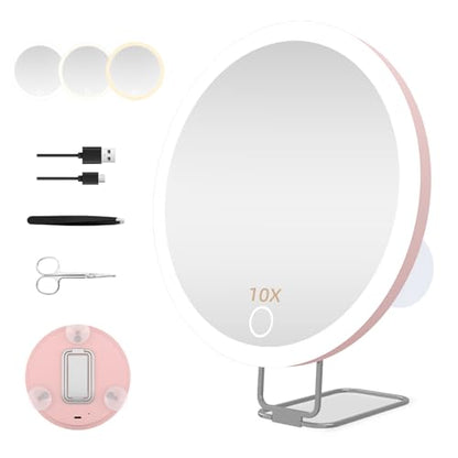 Large 6" Lighted 30x Magnified Makeup Mirror with Suction Cups & Table Stand, Travel & Home Use - color: 30x -Pink