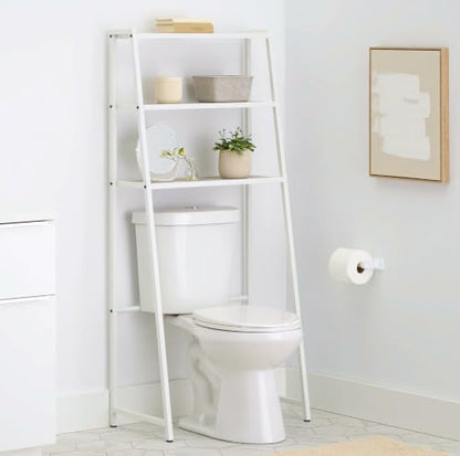 TRINITY 3-Tier Metal Over The Toilet Storage Shelving Rack, Freestanding Bathroom Organizer with Wood Grain Shelves, 27in x 15in x 60in, White - color: White