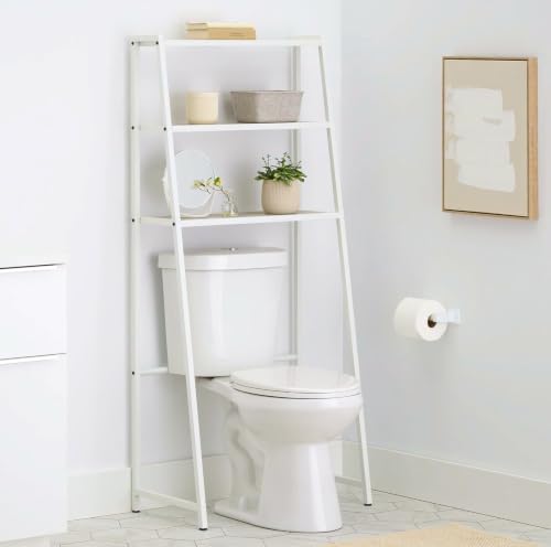 TRINITY 3-Tier Metal Over The Toilet Storage Shelving Rack, Freestanding Bathroom Organizer with Wood Grain Shelves, 27in x 15in x 60in, White - color: White