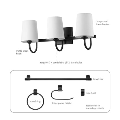 Globe Electric 63000206 5-Piece All-in-One Bathroom Set, 3-Light Vanity Light, Matte Black, Linen Shades, Towel Bar, Robe Hook, Toilet Paper Holder, Towel Ring, Bathroom Lights Over Mirror - color: Matte Black, Linen
