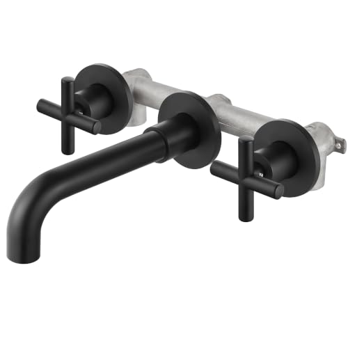 Airuida Solid Brass Matte Black Wall Mount Bathroom Faucet | 360° Swivel Spout,Rough in Valve,2 Cross Handle,3 Hole,Widespread - color: Matte Black