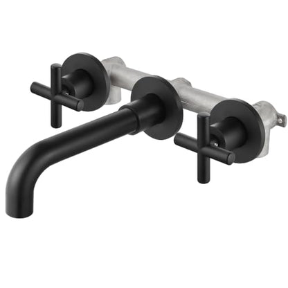 Airuida Solid Brass Matte Black Wall Mount Bathroom Faucet | 360° Swivel Spout,Rough in Valve,2 Cross Handle,3 Hole,Widespread - color: Matte Black