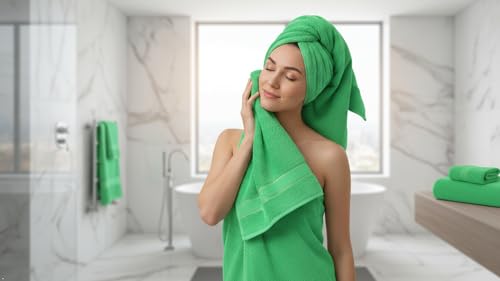 6 Piece 100% Cotton Bath Towel Set - 2 Bath - 2 Hand - 2 Face, Green | 100% Cotton • Thick & Plush • Hotel Quality • Ultra Soft • Highly Absorbent • Quick Dry • Low Lint • Machine Washable - color: Bright Green