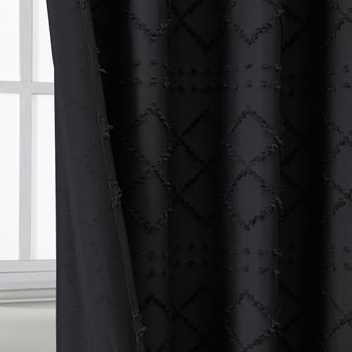 Boho Black Shower Curtain 72x84 Inches, Modern Plaid Stripes Chic Tufted Textured Jacquard Farmhouse Fabric Cloth Shower Curtain for Bathroom Hotel - color: Black, size: 72"W x 84"L (Pack of 1)