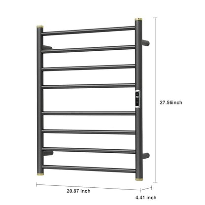 Electric Towel Warmer Rack,Heating Towel Warmer,Timer & Temperature Control,Wall-Mounted Plug-in for Bathroom,Gunmetal Grey,Stainless Steel,8-Bar(27.56x20.87x4.41in) - color: Round-matte Gungrey With Gold Top, size: 8 Bars