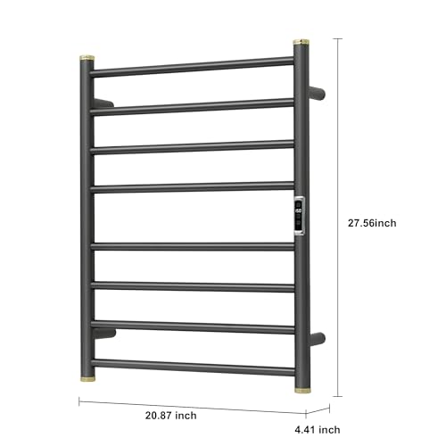 Electric Towel Warmer Rack,Heating Towel Warmer,Timer & Temperature Control,Wall-Mounted Plug-in for Bathroom,Gunmetal Grey,Stainless Steel,8-Bar(27.56x20.87x4.41in) - color: Round-matte Gungrey With Gold Top, size: 8 Bars