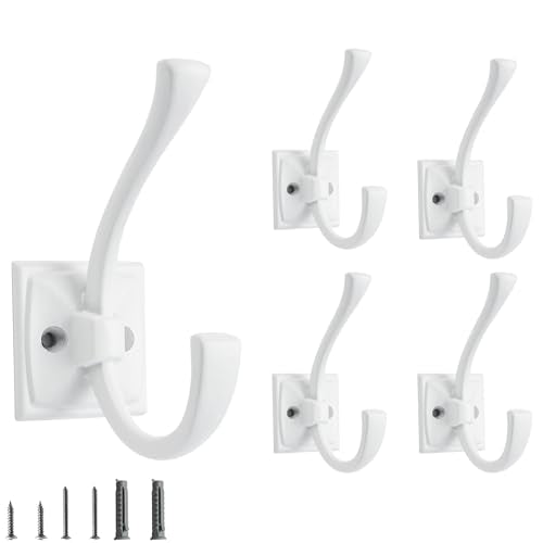 5 Pack Decorative Heavy Duty Towel Hooks for Hanging Robe Double White Coat Hooks Wall Mounted with Screws for Key, Towel, Bags, Cup, Hat - color: White