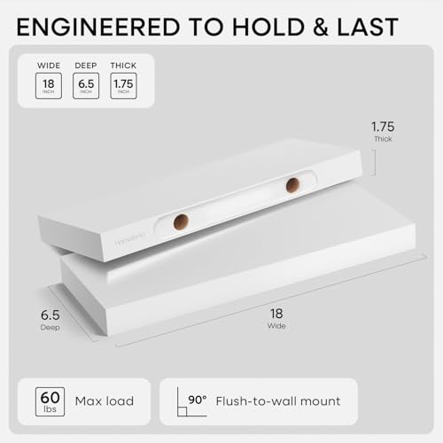 White Floating Shelf 18 inch, High End Solid Real Wood 18inch Bathroom Floating Shelves for Wall Mounted, White Wooden 18in Floating Shelves, Heavy Duty Bracket, 18 X 6.5 X 1.75 in, Set of 2 - color: Classic White - Soft Neutral Satin, size: 18 inch