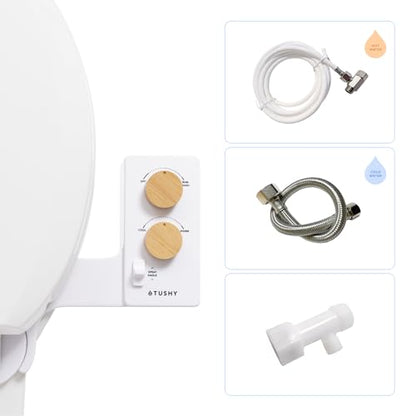 TUSHY Spa 3.0 Cool to Warm Water Bidet Attachment, Bamboo | Universal Fit, Easy Install, Self-Cleaning, Adjustable Pressure and Angle Control, Sink Access Required Within 6 Feet - color: White/Bamboo, style: Warm Water Optional