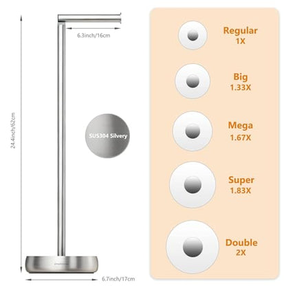 Toilet Paper Holder Stand with Storage Weighted (SUS304 Stainless Steel) | freestanding tp holder | silicone non-slip base | large storage capacity | tidy organized bathroom | 2mm thickened steel - color: 304 Brushed Silvery