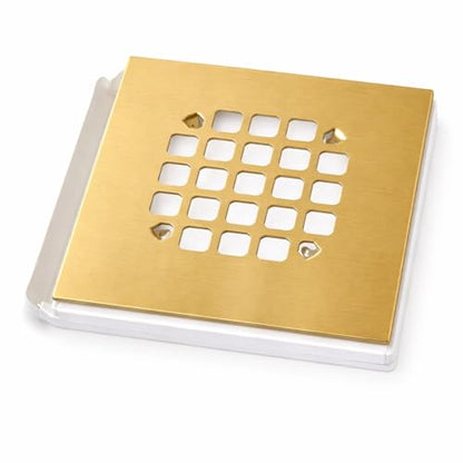 4-1/4” Square Snap-in Brushed Gold Shower Drain - Durable Replacement - 4.25 inch Durable Floor Cover -Snap-in Prongs - Easy Installation Universal Grate Stainer - color: Brushed Gold