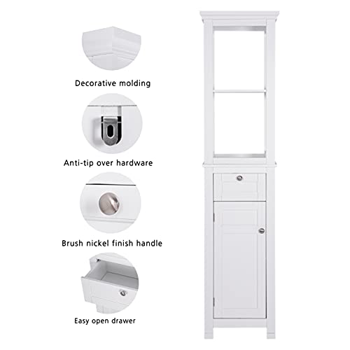 Spirich Bathroom Freestanding Storage Cabinet with Two Tier Open Shelves, Tall Slim Cabinet with Door and Drawer, Floor Linen Tower (White) - color: White