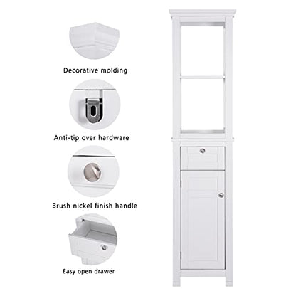 Spirich Bathroom Freestanding Storage Cabinet with Two Tier Open Shelves, Tall Slim Cabinet with Door and Drawer, Floor Linen Tower (White) - color: White