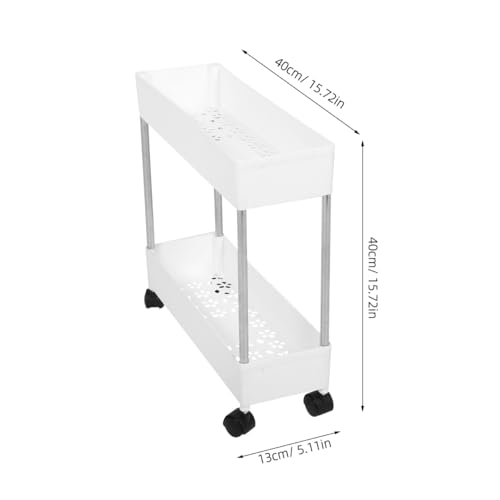 Slim Rolling Storage Cart, 2-Tier Mobile Shelving Unit, White Plastic and Iron Trolley Rack for Kitchen, Bathroom, Office, Laundry Room, 15.74 X 15.74 X 5.11 Inches