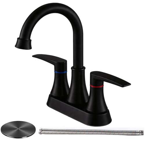 Lead-Free Matte Black Bathroom Sink Faucet, 2 Handle 4 Inch Centerset Faucet, Modern 360° Swivel High-Arc Spout Bath Lavatory Vanity Faucets for Sinks with Drain & Water Hoses, VALZST049B - color: Matte Black