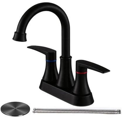 Lead-Free Matte Black Bathroom Sink Faucet, 2 Handle 4 Inch Centerset Faucet, Modern 360° Swivel High-Arc Spout Bath Lavatory Vanity Faucets for Sinks with Drain & Water Hoses, VALZST049B - color: Matte Black