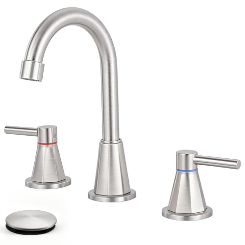 8 Inch Bathroom Faucet 3 Hole Nickel 2 Handle Bathroom Sink Faucet | Stainless Steel, 360° Swivel Spout, Widespread 2 Handle, Includes Pop-Up Drain,Water Supply Lines,Brushed Nickel - color: Brushed Nickel