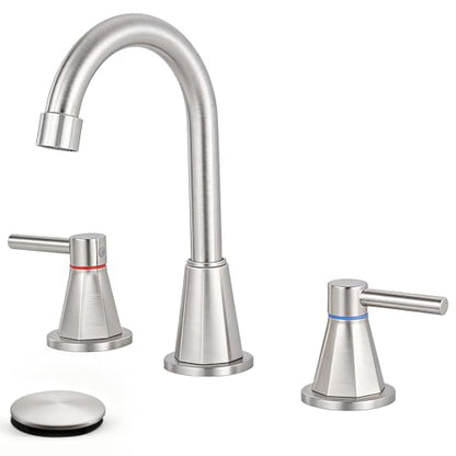 8 Inch Bathroom Faucet 3 Hole Nickel 2 Handle Bathroom Sink Faucet | Stainless Steel, 360° Swivel Spout, Widespread 2 Handle, Includes Pop-Up Drain,Water Supply Lines,Brushed Nickel - color: Brushed Nickel