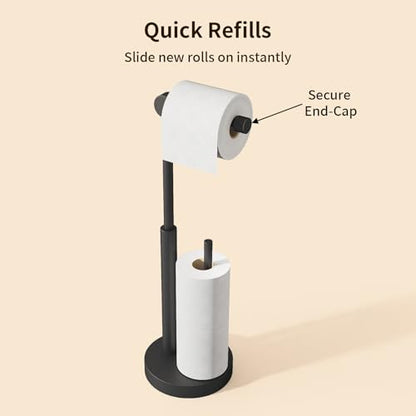 Toilet Paper Holder Stand with Storage & Weighted Base, Matte Black | Free Standing Stainless Steel Design with Open-Ring Arm for Easy Roll Replacement - color: Matte Black