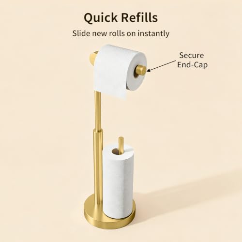 Toilet Paper Holder Stand with Storage & Weighted Base, Brushed Gold | Free Standing Stainless Steel Design with Open-Ring Arm for Easy Roll Replacement - color: Brushed Gold
