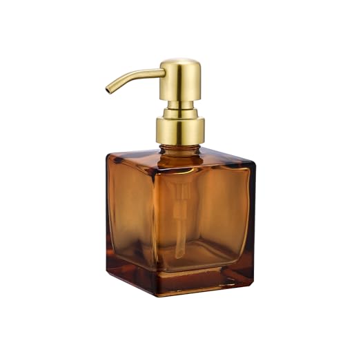 Square Bathroom Soap Dispenser Amber Bottle with Brushed Gold Pump, Retangle Cube 8.4 oz Glass Bottles with Stainless Steel Pump Hand Liquid Soap Dispenser Kitchen - color: Amber Bottle + Gold Pump