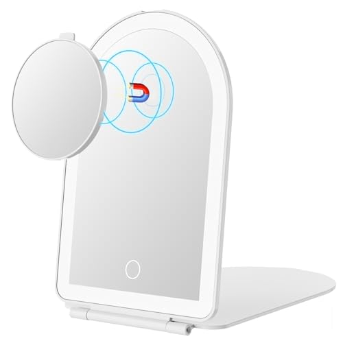FUNTOUCH Rechargeable Travel Makeup Mirror with Lights Small 10X Magnify | Portable Lighted Compact Mirror with 10X Magnification,3 Lighting, Dimmable Touch, Tabletop Folding Cosmetic Vanity Mirror - color: Milky White
