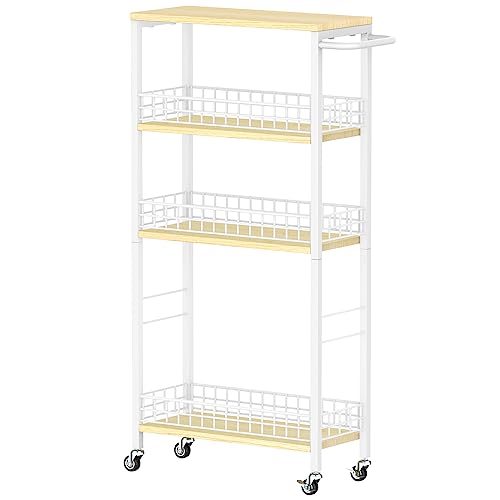 NOVIMANGO Slim Storage Cart White 4 Tier Rolling Cart with Wheels | Slim Rolling Cart for Kitchen, Narrow Storage Cabinet for Bathroom, with Wood Tabletop, for Narrow Spaces - color: White