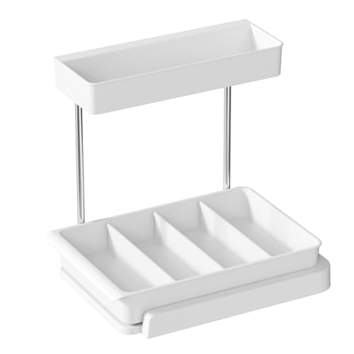 Under Sink Organizer and Storage, L-Shaped Bathroom Storage Cabinet with Basket, Multi-Purpose Sliding Cabinet Organizer for Kitchen Pantry Organization and Storage, White, 1 Pack