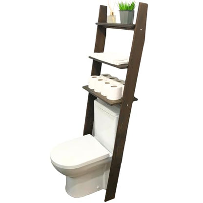 Over The Toilet Birch Wood Bathroom Organizer Shelves, 3-Tier Freestanding Above Toilet Storage Ladder Shelf, Standing Space Saver Behind Toilet Small Bathroom Organizer (Walnut) - color: Walnut