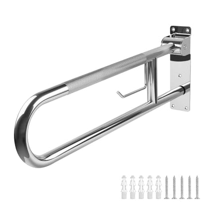 Handicap Grab Bar, 29.5 Inch Stainless Steel Toilet Safety Rails, Disabled Flip-Up Bathroom Grab Bars with Paper Holder, Anti-Slip Toilet Handrails Hand Grips Handicap Grab Bars for Elderly