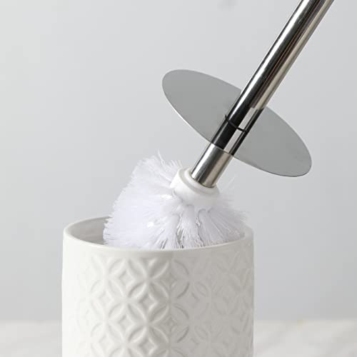 Bathroom Accessories Ceramic Toilet Brush Set - Toilet Bowl Brush and Holder with Wooden Base (White and Beige)