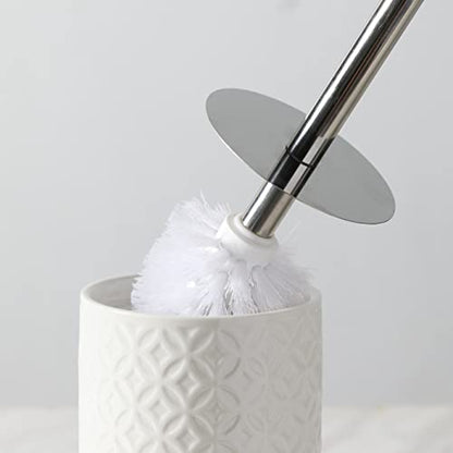 Bathroom Accessories Ceramic Toilet Brush Set - Toilet Bowl Brush and Holder with Wooden Base (White and Beige)