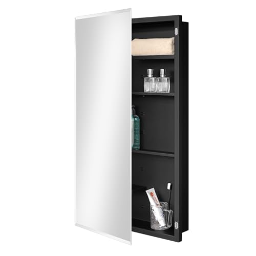 Black Metal Medicine Cabinet, 20 x 36 Beveled Mirror, Recessed Wall Storage | Recessed or Surface Mount Mirrored Cabinet with Adjustable Staggered Shelves, Piano Hinge, Reversible Door Swing, Matte Black - color: Black, size: 20 x 36