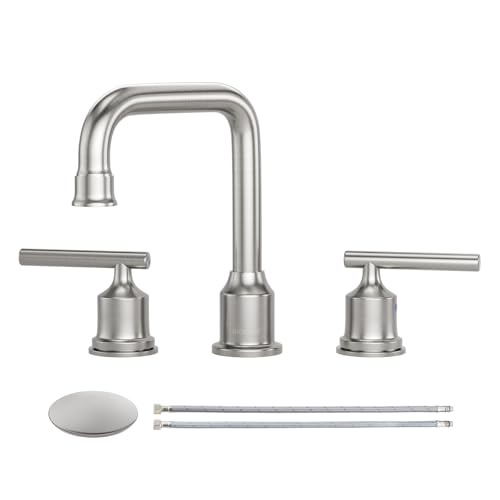 WOWOW Brushed Nickel Bathroom Faucet 3 Hole, Widespread Vanity Sink Faucets | Copper Inlet 8 Inch Faucet for Bathroom Sink with Swivel Spout, Two Handles Lavatory Tap with Drain and cUPC Supply Line - color: Brushed Nickel, style: Upgrade-8 Inch