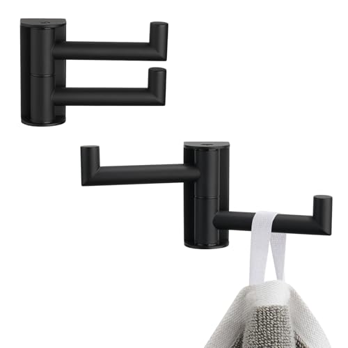 Aomasi Matte Black Rotating Double Towel Hooks 2 Pack, 304 Stainless Steel Swivel Wall Hooks with 2 Arms, Space Saving Towel Hangers for Bathroom Kitchen - color: Matte Black, size: 2 Pack