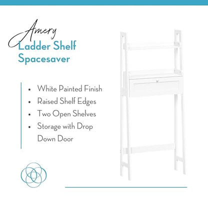 RiverRidge Amery Over the Toilet Spacesaver Storage Shelf, White | Ladder Shelf Design, Bathroom Medicine Cabinet with Drop-Down Door for Hidden Storage, Linen and Toiletries Cabinet Organizer