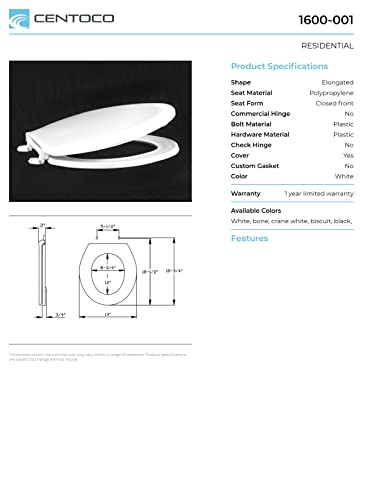 Centoco Elongated Toilet Seat, Economy, Residential, 1600-001, White | Plastic, Closed Front with Cover, USA - size: Elongated
