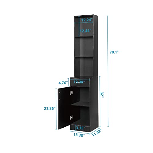 BNSPLY Tall Bathroom Cabinet, Narrow Slim Linen Cabinet with 3 Tier Open Shelves and Drawer, Free Standing Linen Tower for Bathroom, Living Room, Kitchen (White 13.4" W x 13" D x 70" H)