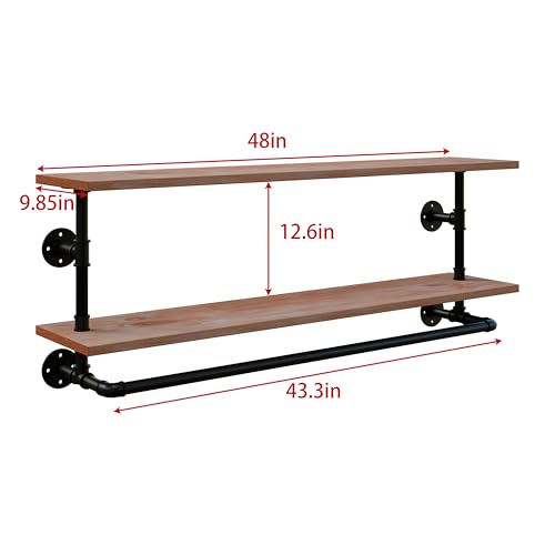 Clothes Rack 36/42/48in, Wall Mounted Garment Rack with Real Wood Shelf, Heavy Duty Hanging Clothes Rack, Multi-Purpose Hanging Rod, Space-Saving Closet Storage (1T36IN) (2T48IN) - color: Brown, size: 2T48IN