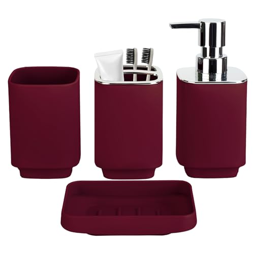 4Pcs Burgundy Bathroom Set, Square Boho Soap & Toothbrush Holder Set | Thick shatterproof ABS, electroplated rust-proof pump, drip-free, multi-slot holder, dustproof lids, easy-clean - color: Burgundy, size: 4PCS