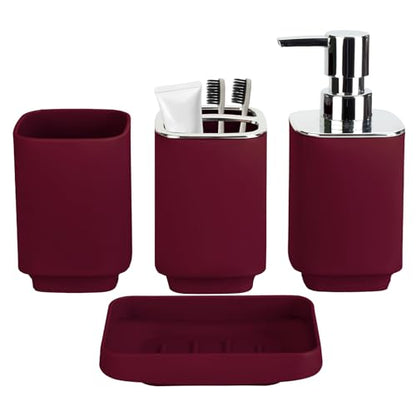 4Pcs Burgundy Bathroom Set, Square Boho Soap & Toothbrush Holder Set | Thick shatterproof ABS, electroplated rust-proof pump, drip-free, multi-slot holder, dustproof lids, easy-clean - color: Burgundy, size: 4PCS
