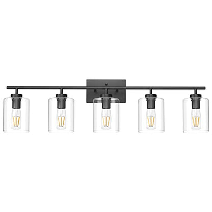 Aipsun 5 Lights Black Vanity Lights Fixtures Over Mirror with Clear Glass Shades Industrial Wall Light Fixture for Bathroom(Exclude Bulb) - size: 39.8 inch