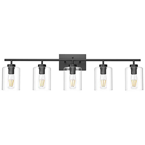 Aipsun 5 Lights Black Vanity Lights Fixtures Over Mirror with Clear Glass Shades Industrial Wall Light Fixture for Bathroom(Exclude Bulb) - size: 39.8 inch