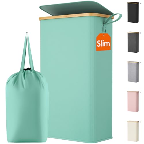 Lifewit 65L Slim Laundry Hamper with Lid, Narrow Laundry Basket with Removable Bag & Bamboo Handles, Fodable Thin Dirty Clothes Hamper for Laundry Collapsible Bin for Bathroom Bedroom Dorm, Sage Green - color: Sage Green, size: 65L