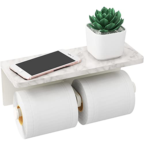 Gypie Double Toilet Paper Holder, Toilet Paper Wall Mount, White Marble | Toilet Paper Holder with Shelf, Stainless Steel Roll Holder for Bathroom Washroom - color: White Double